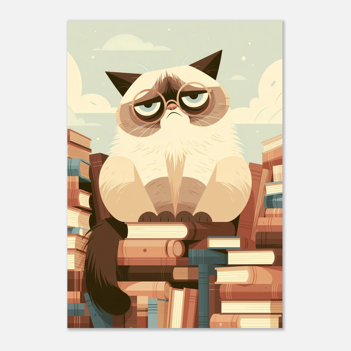 Grantige Katze auf dem Bücherstapel Poster – Produktansicht 3