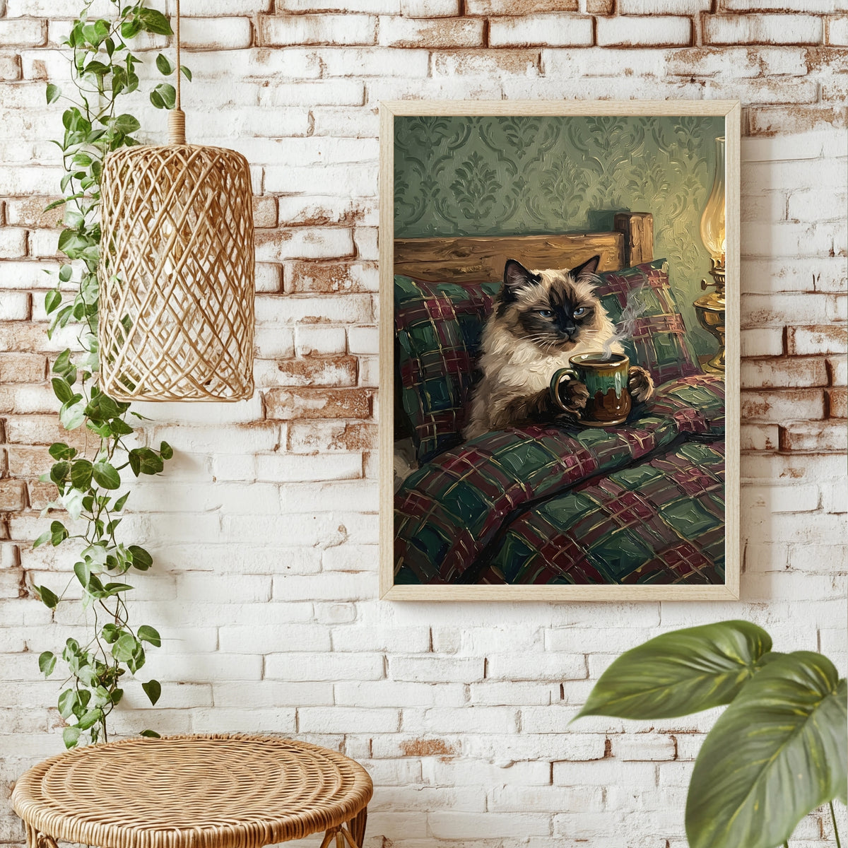Ragdoll-Katze hält eine Teetasse vor grünem Vintage-Wandpapier