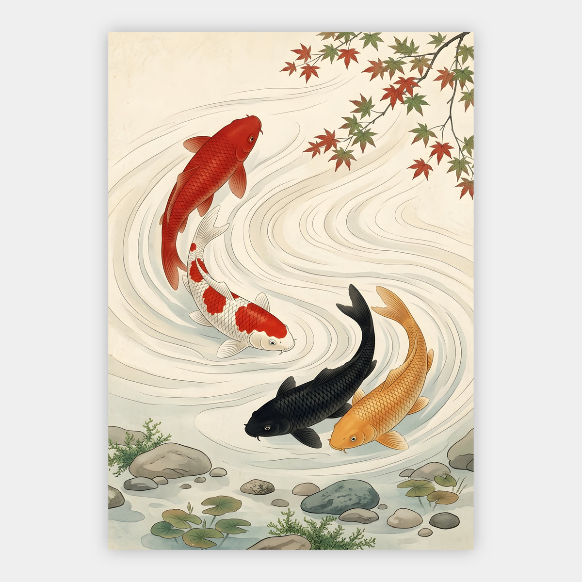 Koi-Karpfen im Wasser unter einem herbstlich gefärbten Ahornzweig