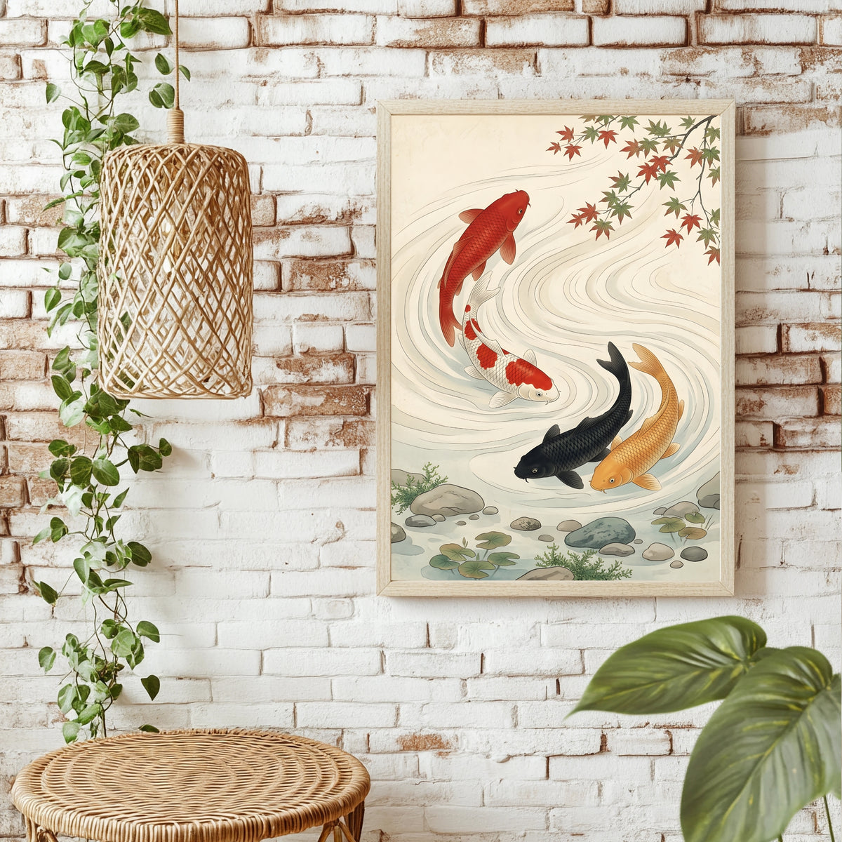 Koi-Karpfen im Wasser unter einem herbstlich gefärbten Ahornzweig