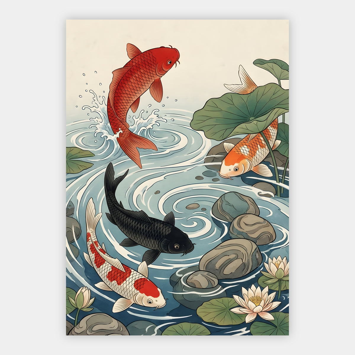 Springender roter Koi neben schwarzem und rot-weißem Koi zwischen Seerosen
