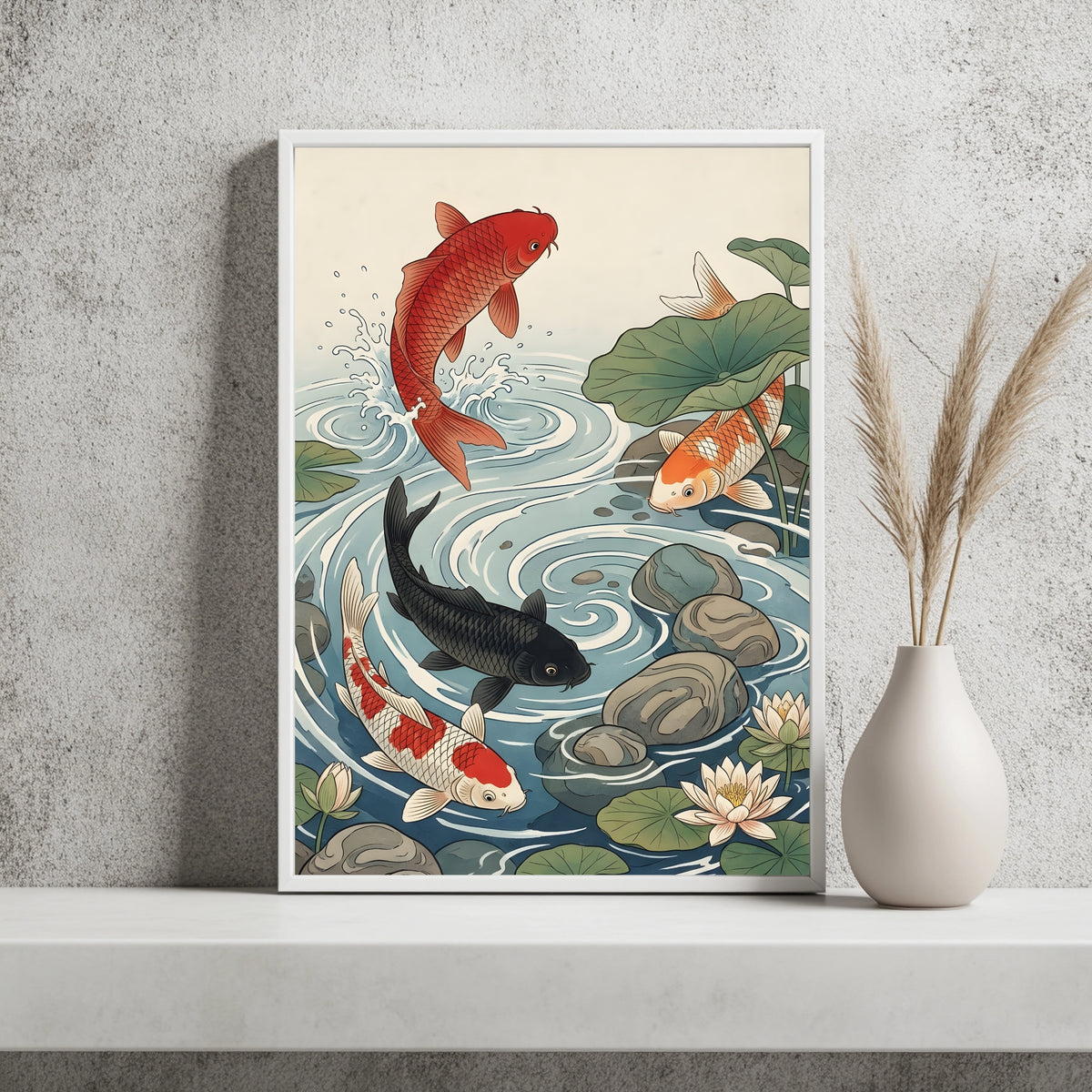 Springender roter Koi neben schwarzem und rot-weißem Koi zwischen Seerosen