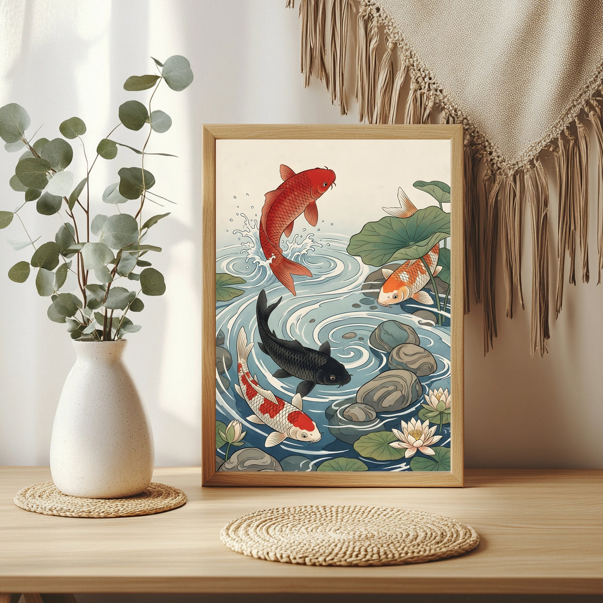 Springender roter Koi neben schwarzem und rot-weißem Koi zwischen Seerosen