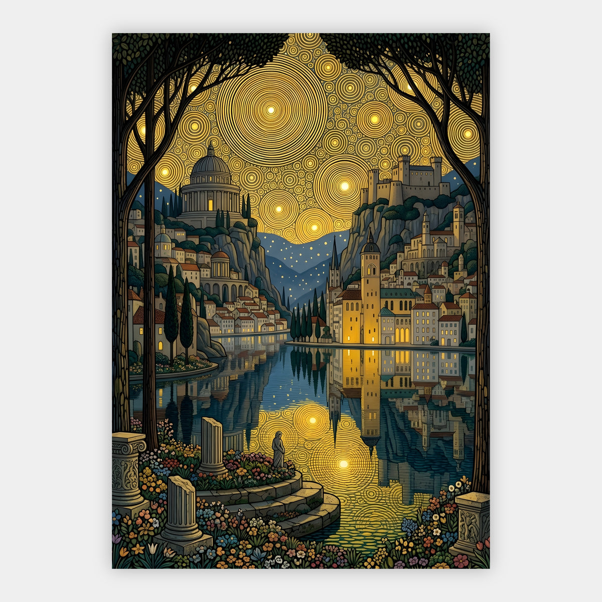 Antike Säulen und Rotunde am Fluss unter einer Bergfeste und goldenem Sternenmuster