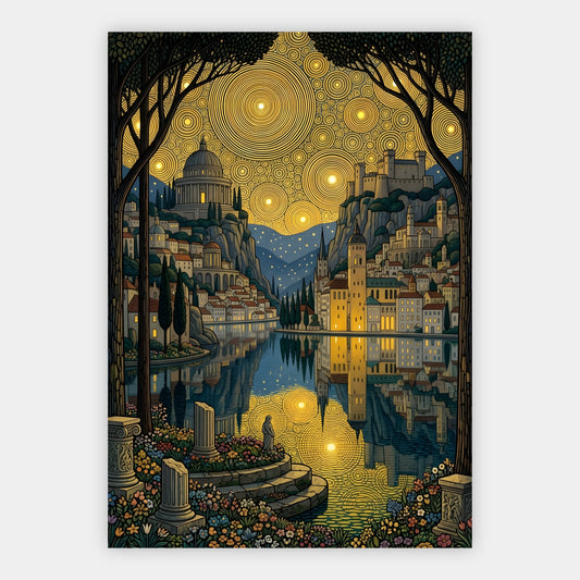 Antike Säulen und Rotunde am Fluss unter einer Bergfeste und goldenem Sternenmuster
