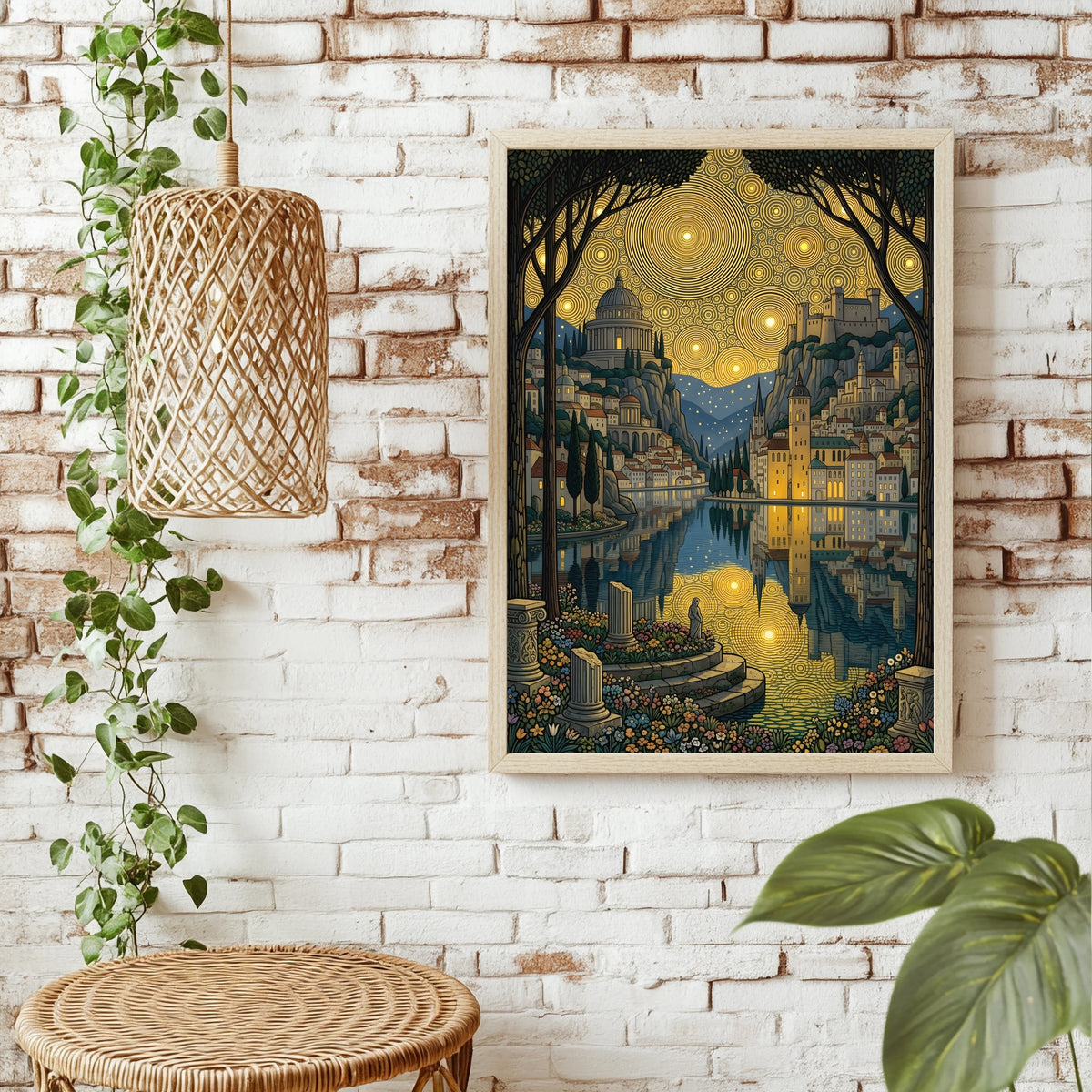 Antike Säulen und Rotunde am Fluss unter einer Bergfeste und goldenem Sternenmuster