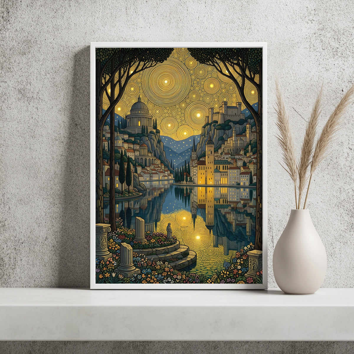 Antike Säulen und Rotunde am Fluss unter einer Bergfeste und goldenem Sternenmuster