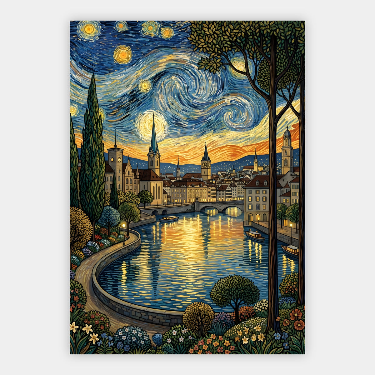 Zürcher Altstadt am Fluss unter einem wirbelnden Sternenhimmel