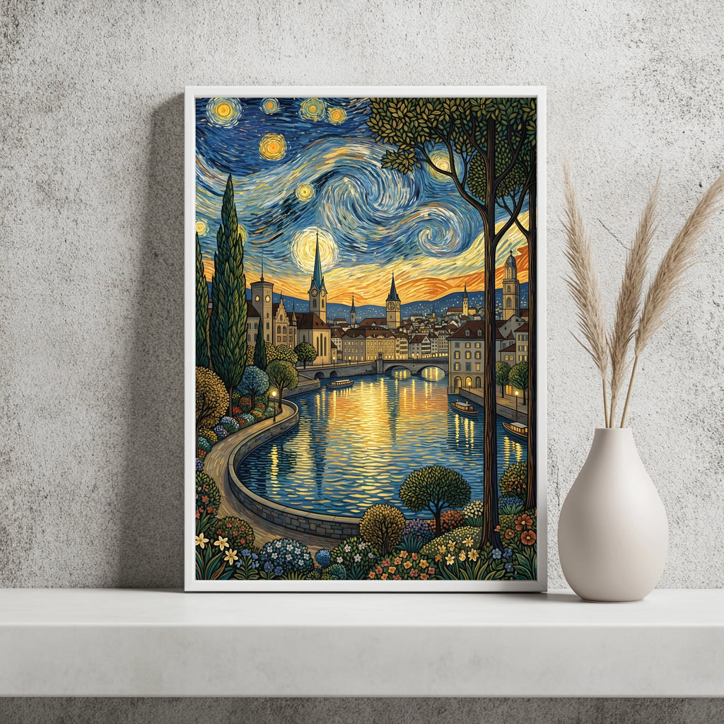 Zürcher Altstadt am Fluss unter einem wirbelnden Sternenhimmel