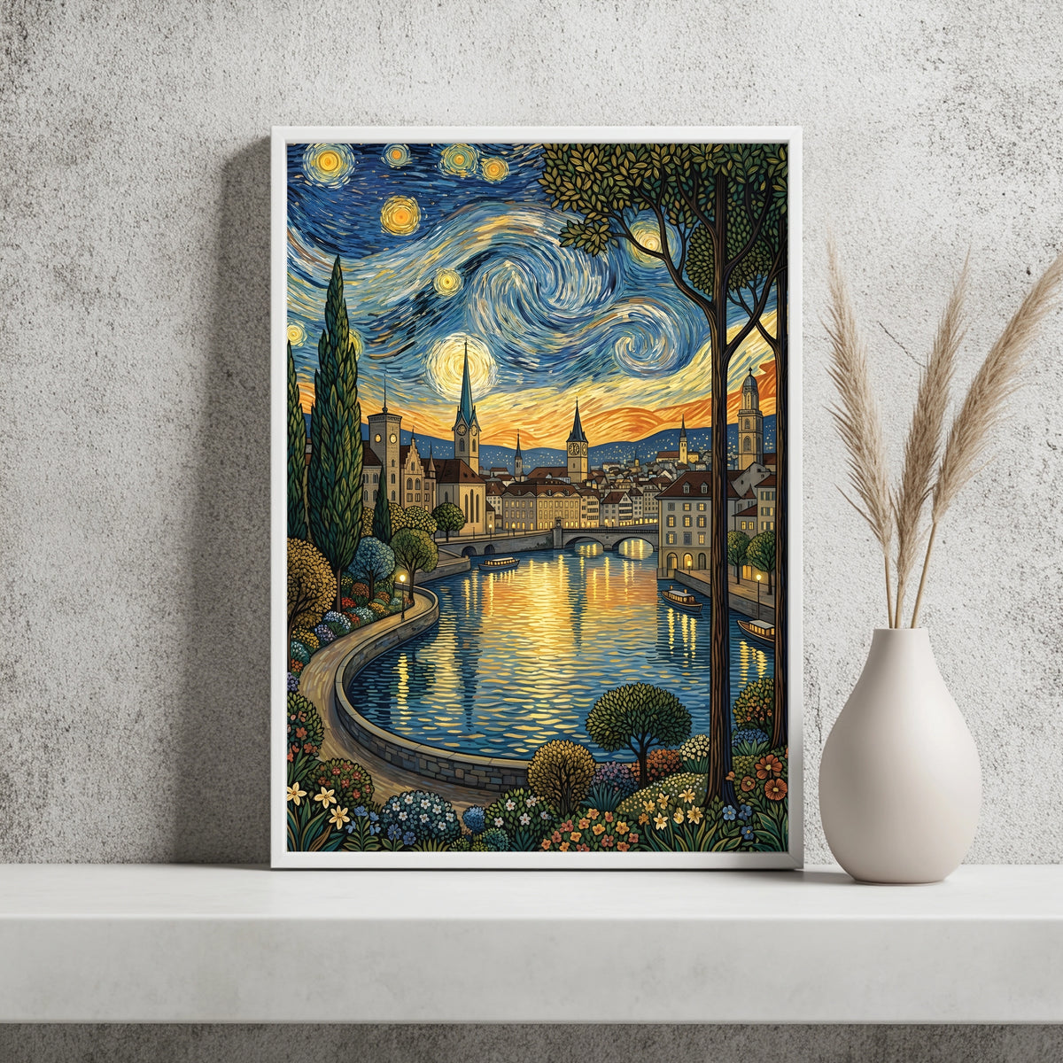 Zürcher Altstadt am Fluss unter einem wirbelnden Sternenhimmel