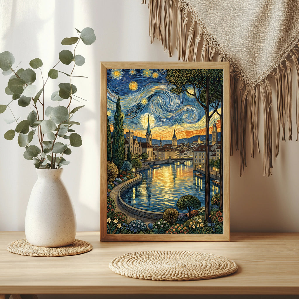 Zürcher Altstadt am Fluss unter einem wirbelnden Sternenhimmel