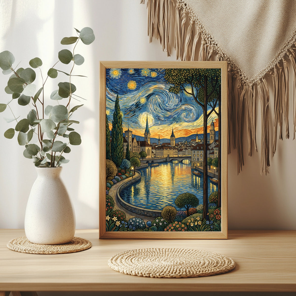 Zürcher Altstadt am Fluss unter einem wirbelnden Sternenhimmel