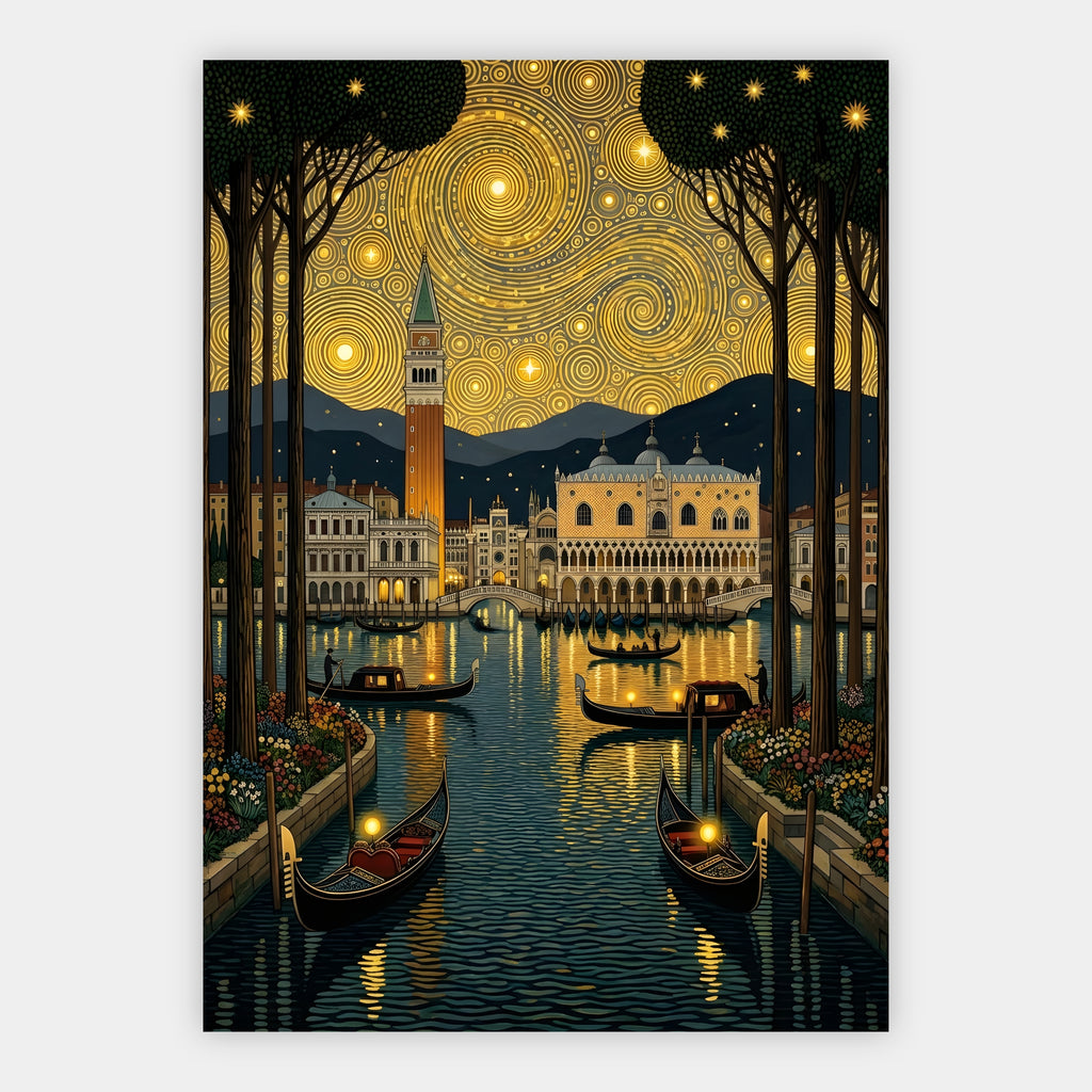 Venedig mit Gondeln und Dogenpalast unter goldenem Ornament-Nachthimmel