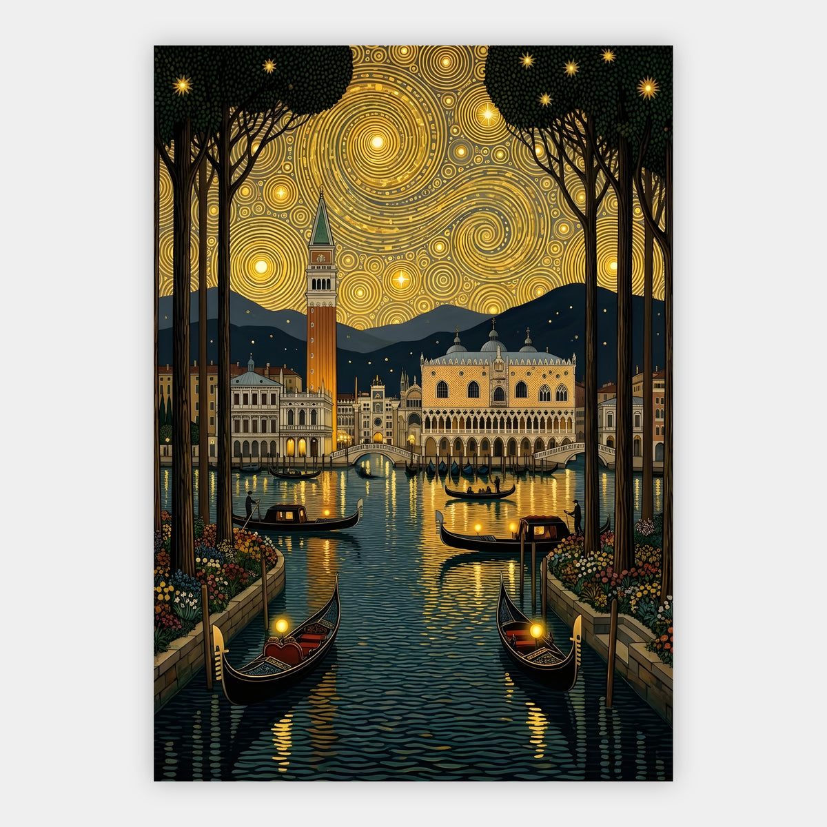 Venedig mit Gondeln und Dogenpalast unter goldenem Ornament-Nachthimmel