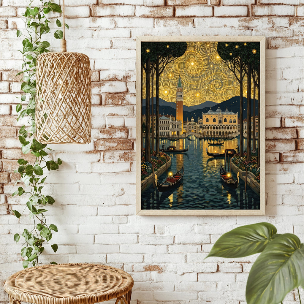Venedig mit Gondeln und Dogenpalast unter goldenem Ornament-Nachthimmel