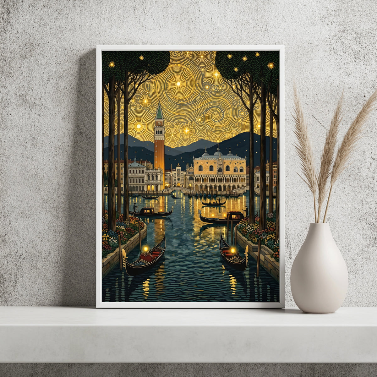 Venedig mit Gondeln und Dogenpalast unter goldenem Ornament-Nachthimmel