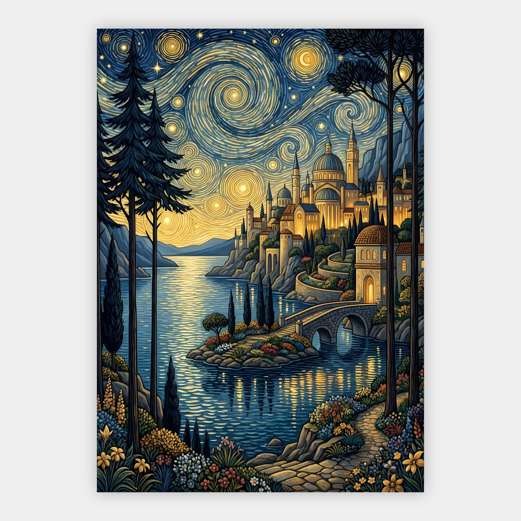 Dorf am Bergsee unter wirbelndem goldenem Sternenhimmel