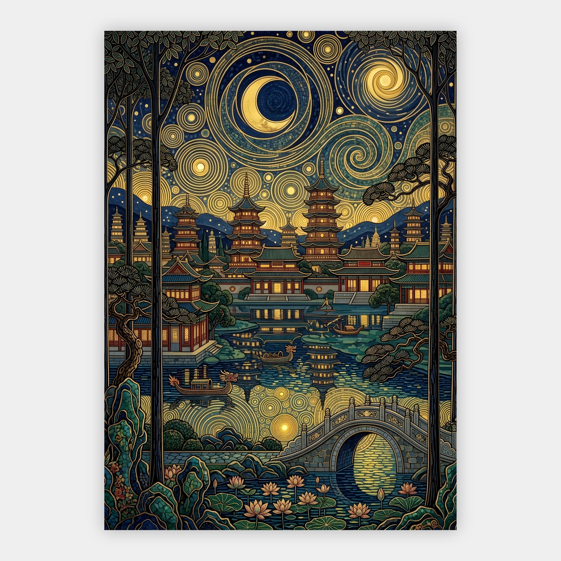 Pagodengarten mit Drachenboot unter goldenem Ornament-Nachthimmel
