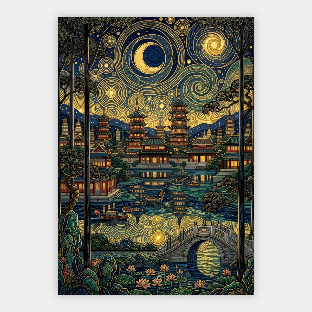 Pagodengarten mit Drachenboot unter goldenem Ornament-Nachthimmel