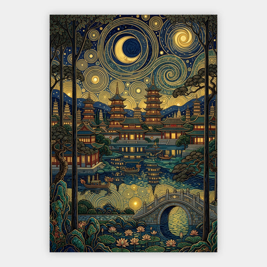 Pagodengarten mit Drachenboot unter goldenem Ornament-Nachthimmel