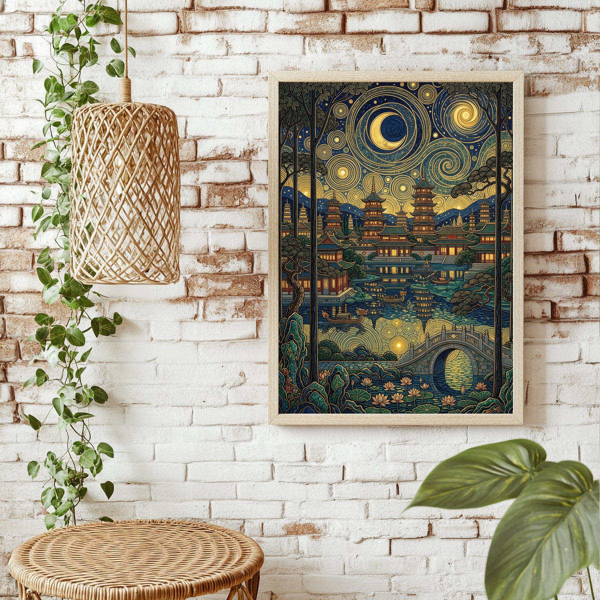 Pagodengarten mit Drachenboot unter goldenem Ornament-Nachthimmel