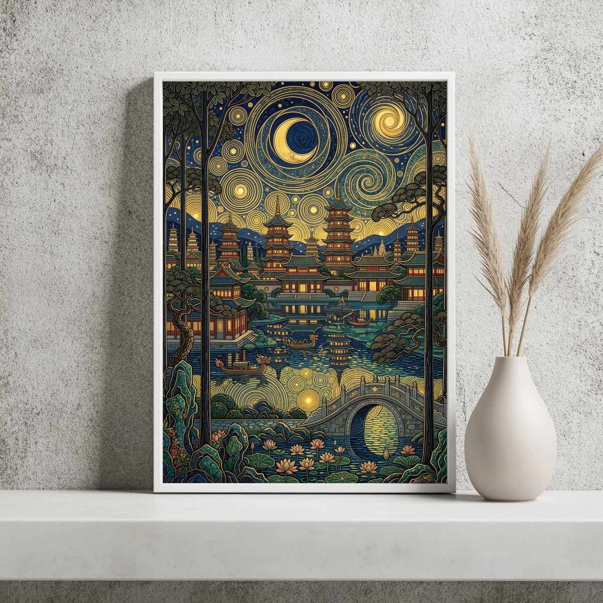 Pagodengarten mit Drachenboot unter goldenem Ornament-Nachthimmel