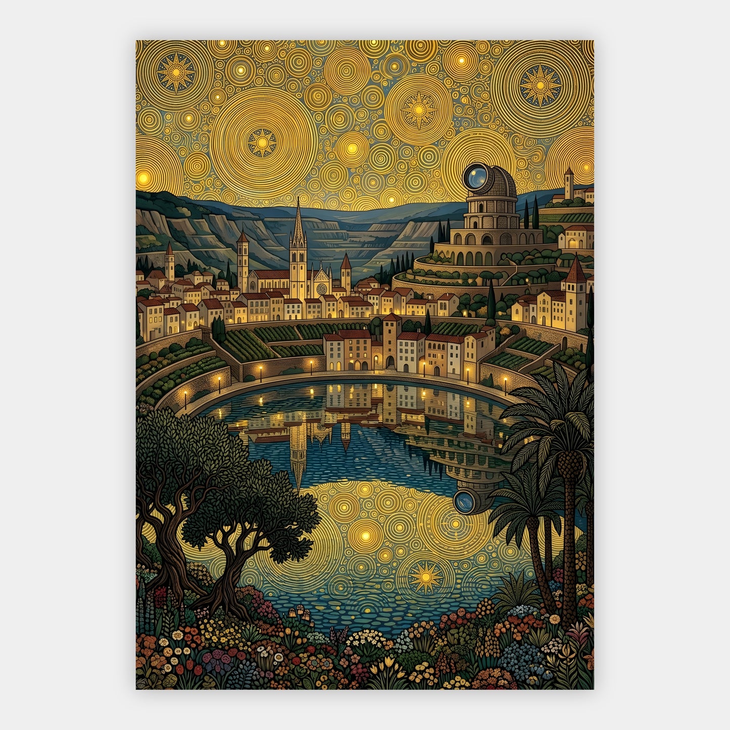 Provenzalisches Hügeldorf mit Weinbergen unter goldenem Ornament-Himmel