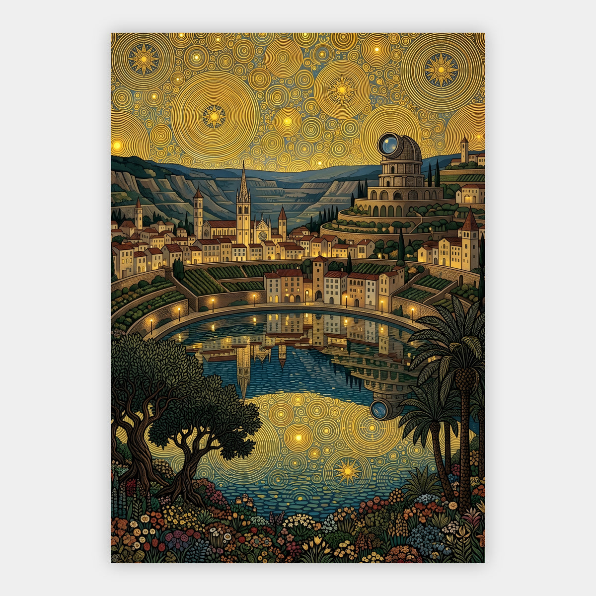 Provenzalisches Hügeldorf mit Weinbergen unter goldenem Ornament-Himmel