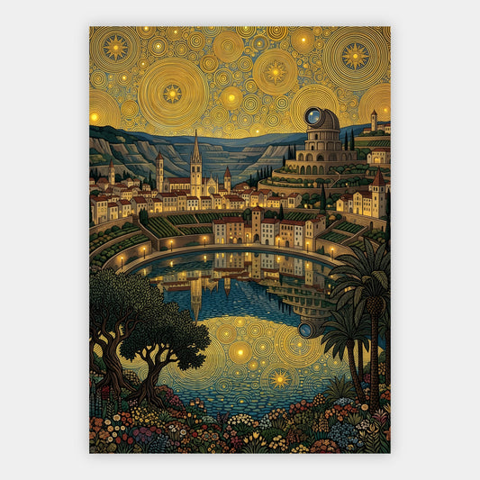 Provenzalisches Hügeldorf mit Weinbergen unter goldenem Ornament-Himmel