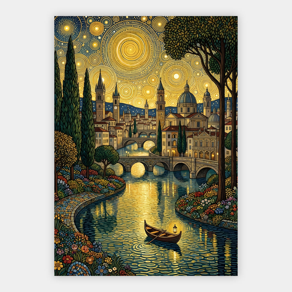 Italienische Flussstadt mit Brücke unter goldenem Ornament-Nachthimmel