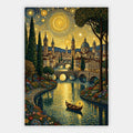 Italienische Flussstadt mit Brücke unter goldenem Ornament-Nachthimmel