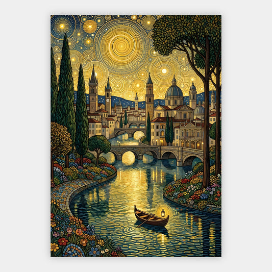 Italienische Flussstadt mit Brücke unter goldenem Ornament-Nachthimmel