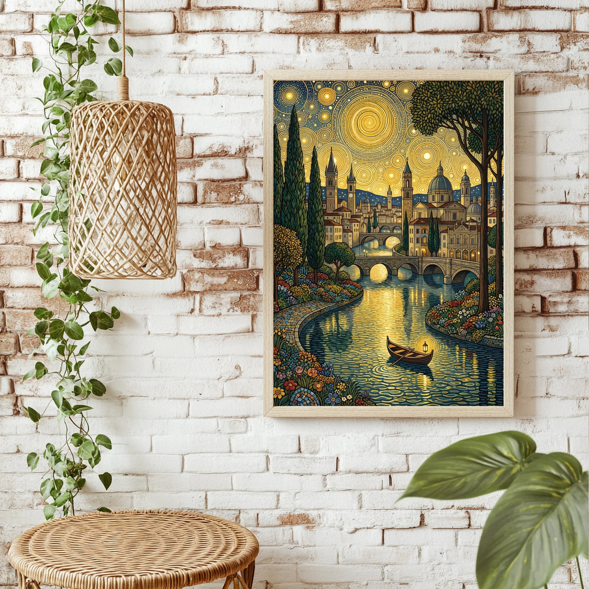 Italienische Flussstadt mit Brücke unter goldenem Ornament-Nachthimmel