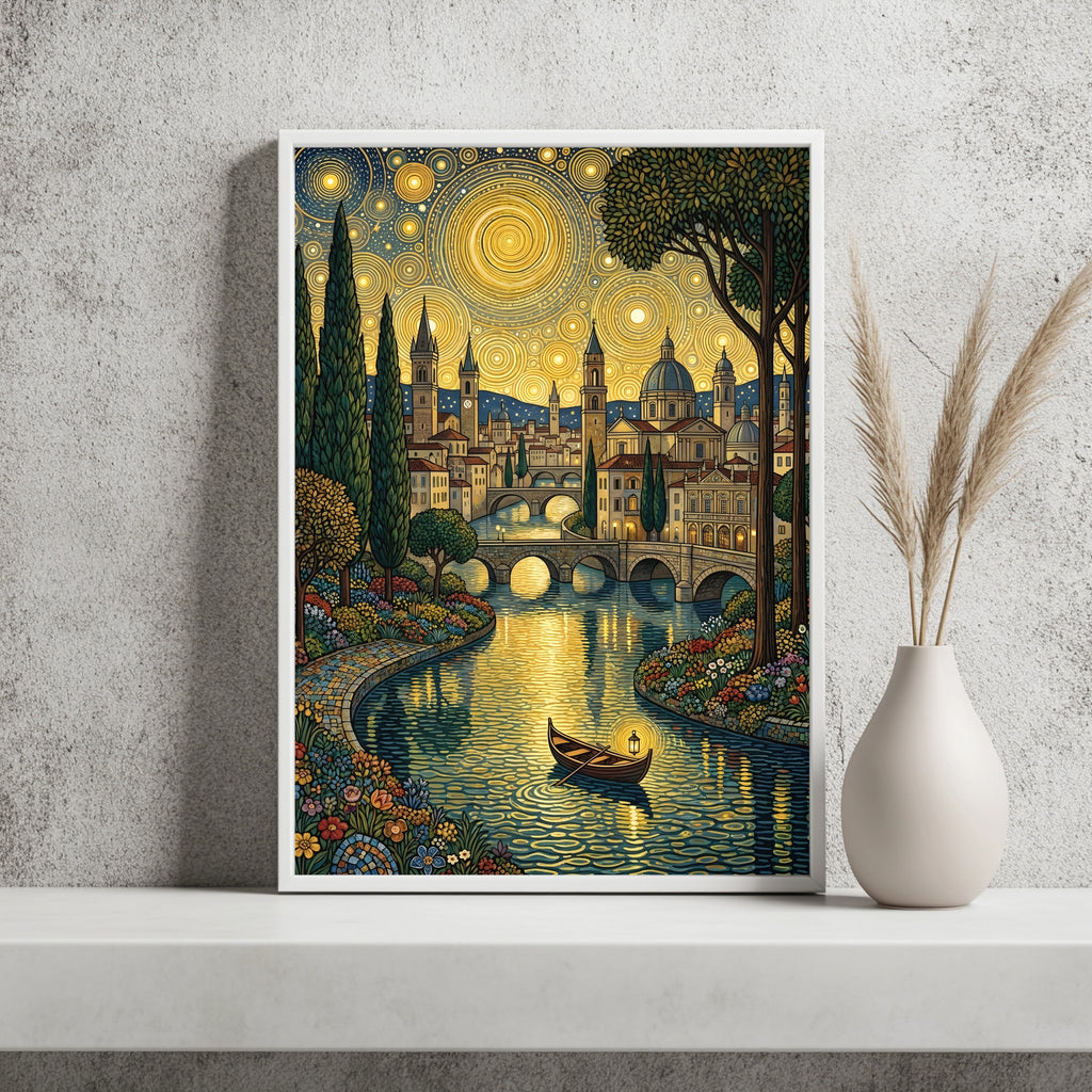 Italienische Flussstadt mit Brücke unter goldenem Ornament-Nachthimmel