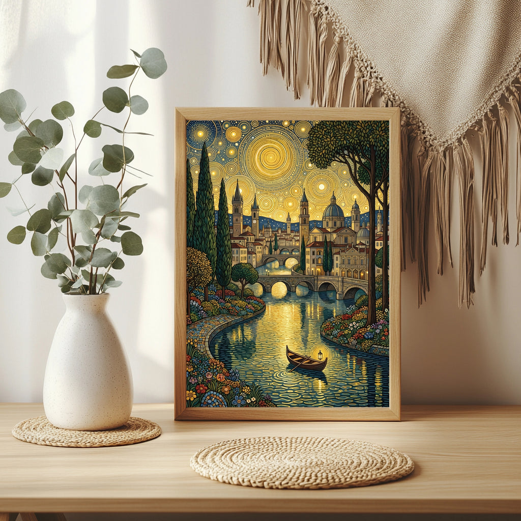Italienische Flussstadt mit Brücke unter goldenem Ornament-Nachthimmel
