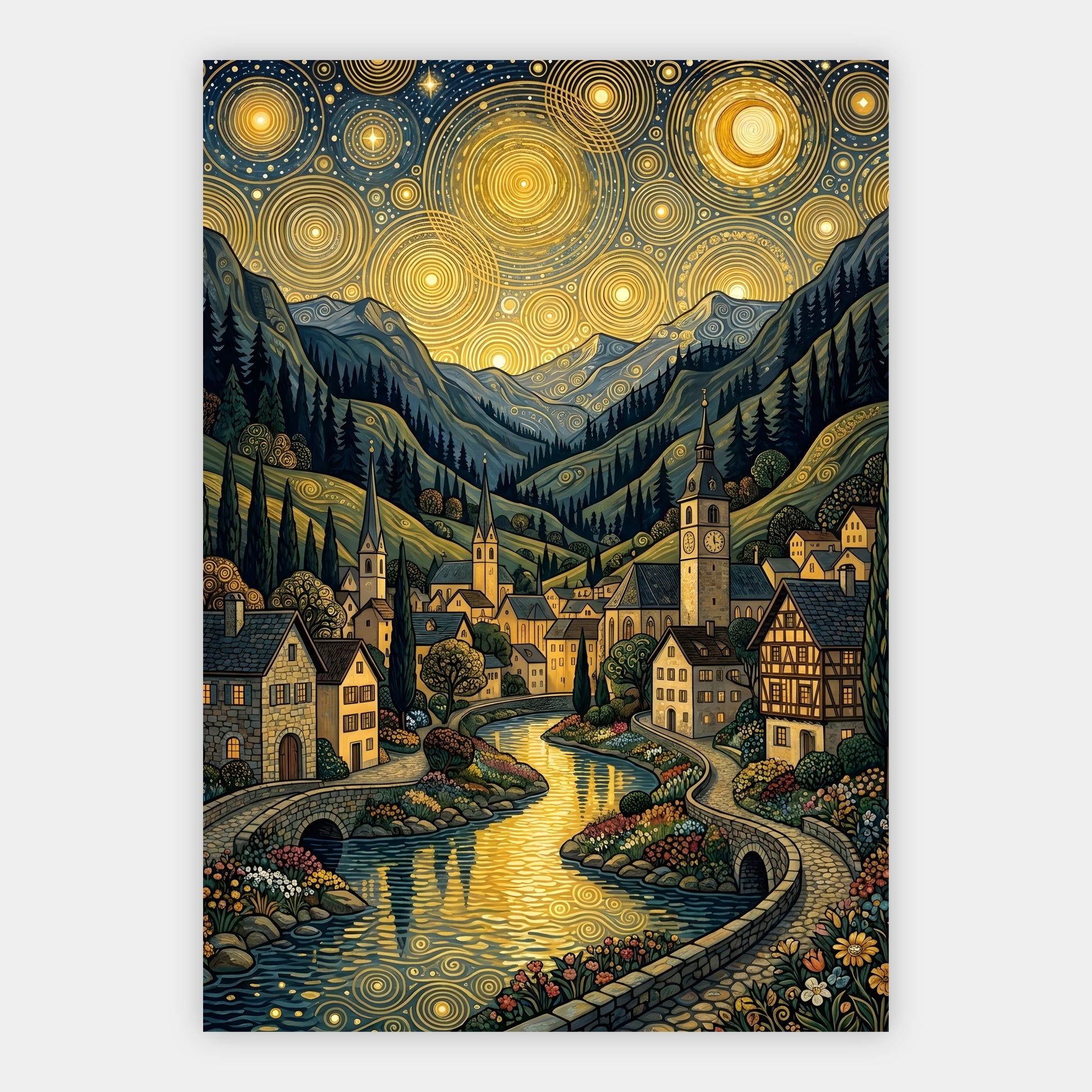 Alpendorf mit Steinbrücke am Fluss unter goldenem Kreismuster-Himmel