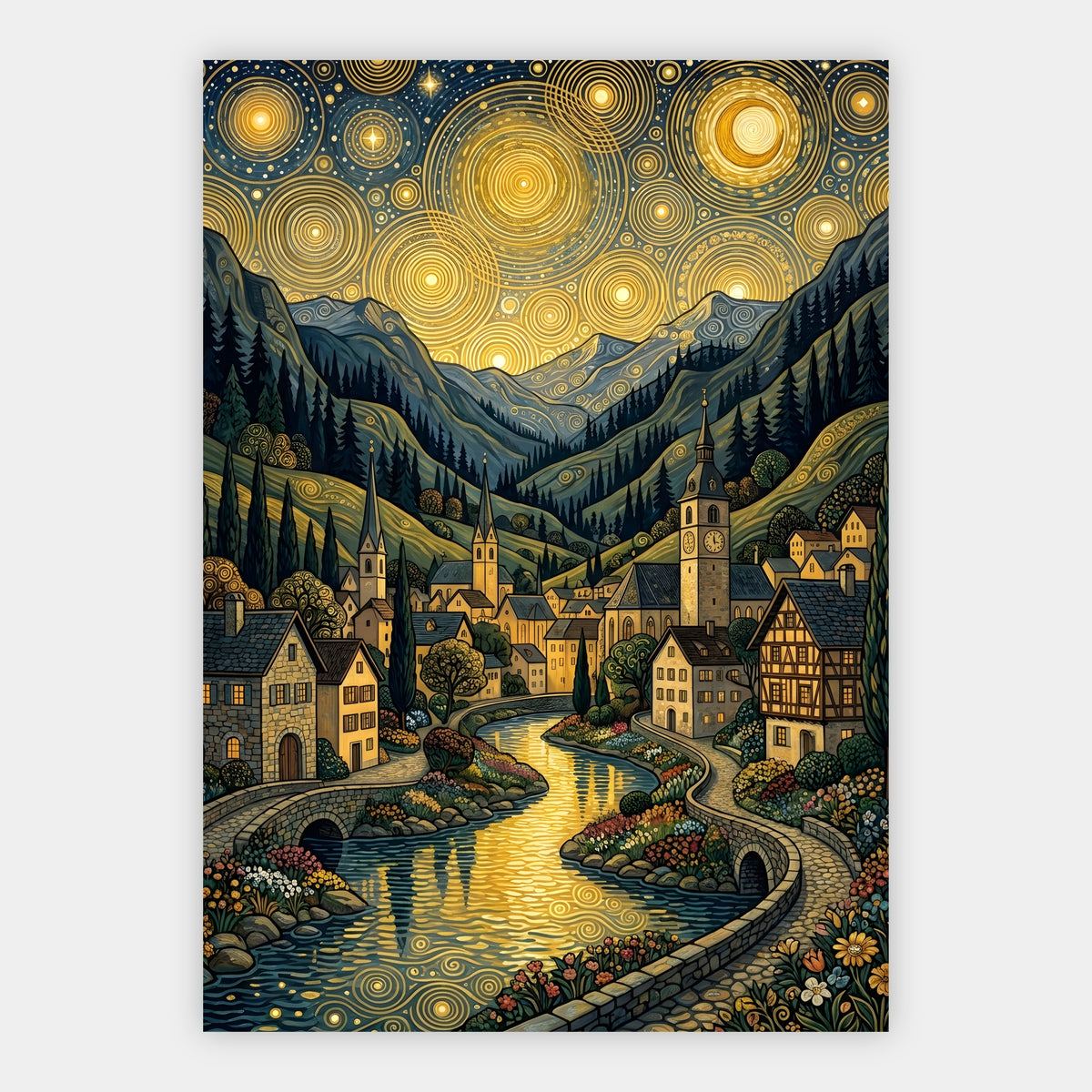 Alpendorf mit Steinbrücke am Fluss unter goldenem Kreismuster-Himmel