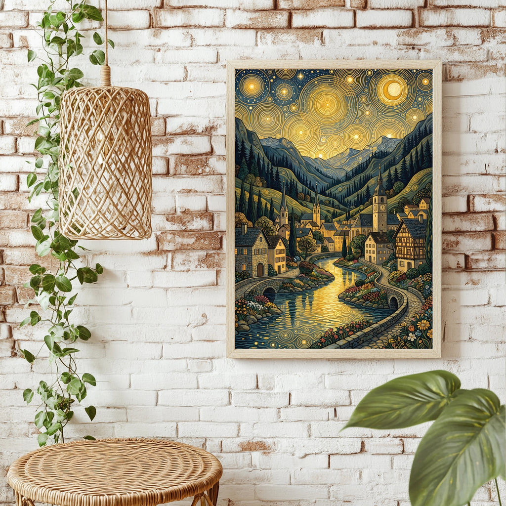 Alpendorf mit Steinbrücke am Fluss unter goldenem Kreismuster-Himmel