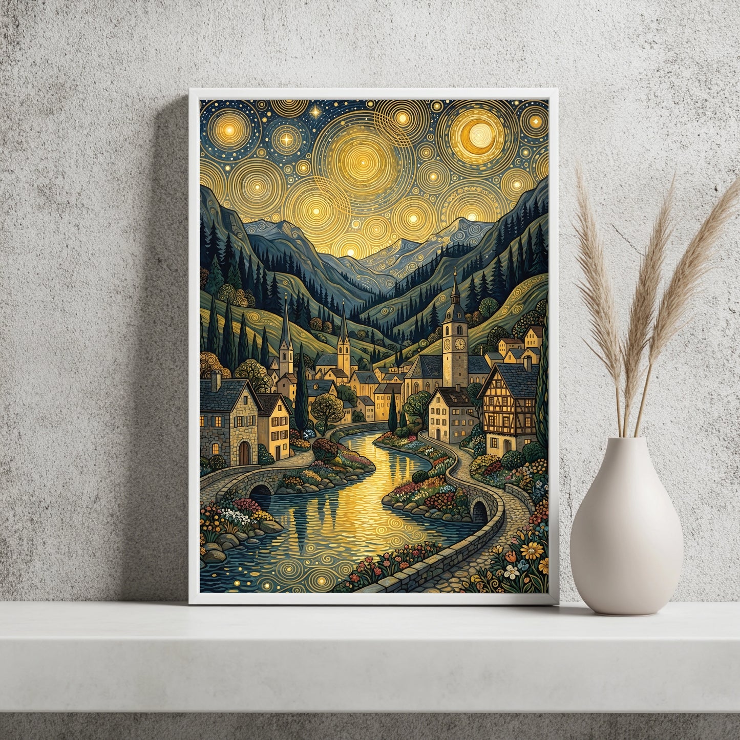 Alpendorf mit Steinbrücke am Fluss unter goldenem Kreismuster-Himmel