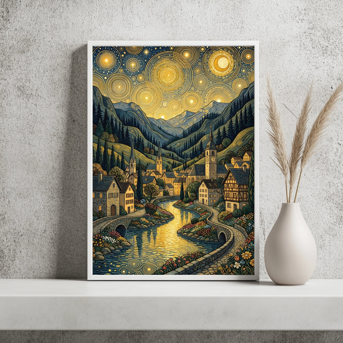 Alpendorf mit Steinbrücke am Fluss unter goldenem Kreismuster-Himmel