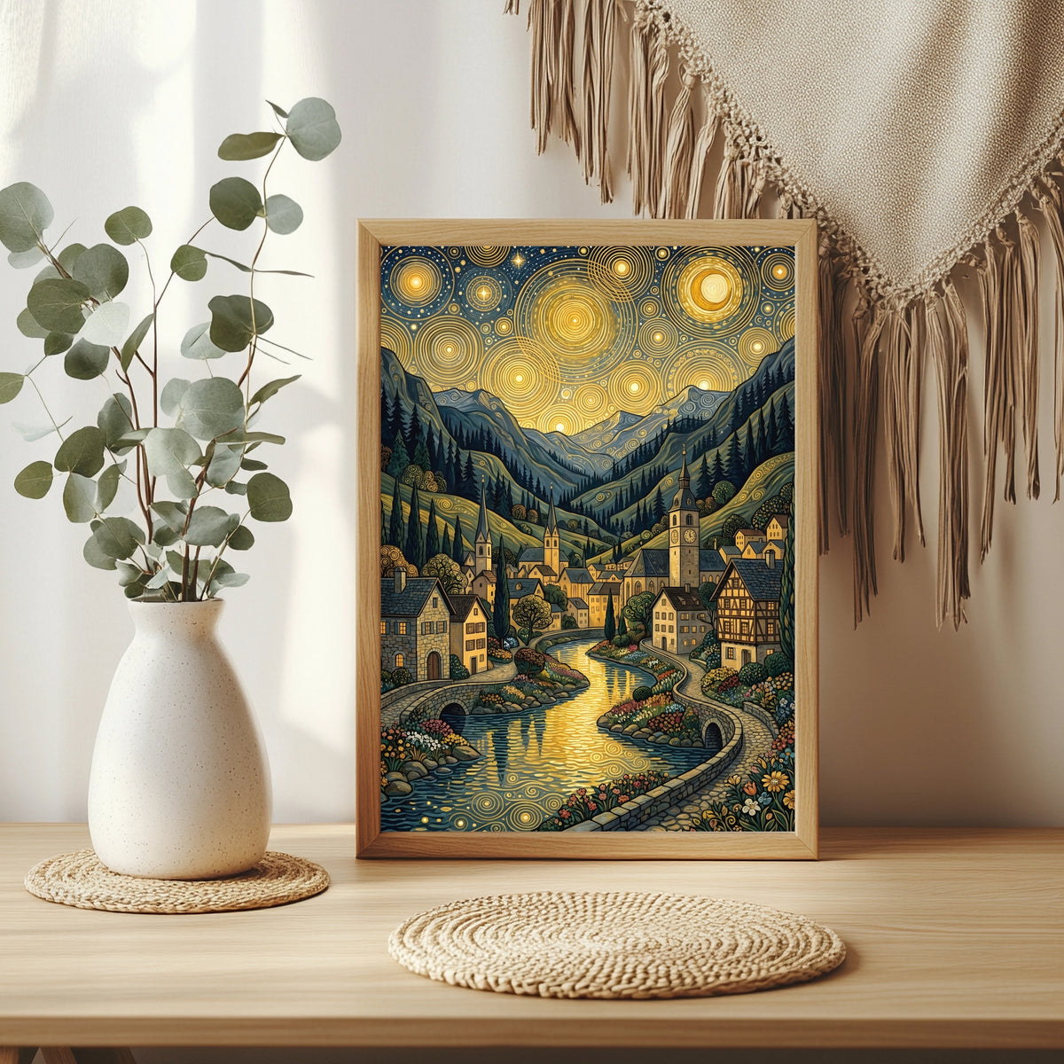 Alpendorf mit Steinbrücke am Fluss unter goldenem Kreismuster-Himmel