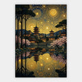 Japanische Pagode mit Kirschblüten unter goldenem Ornament-Nachthimmel