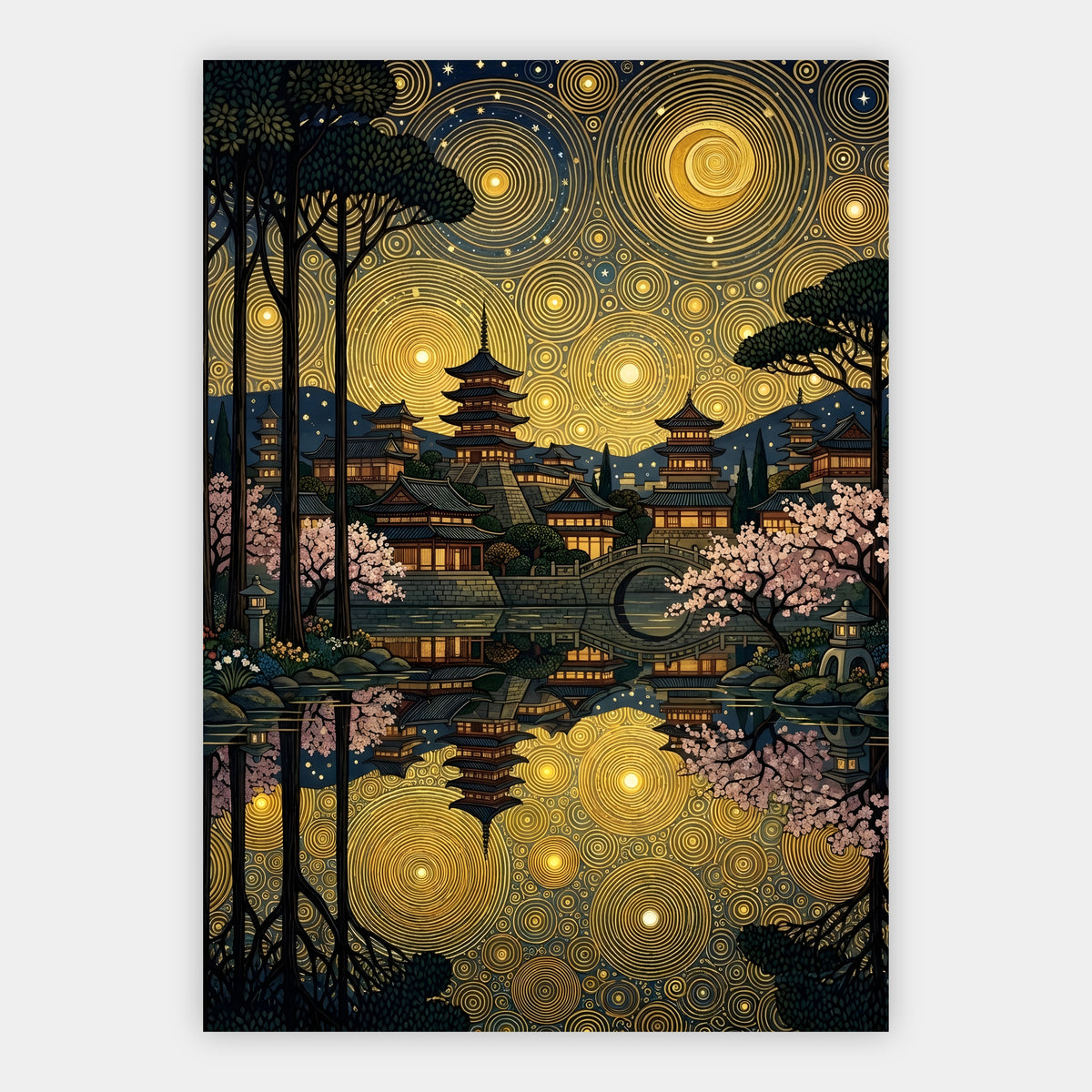 Japanische Pagode mit Kirschblüten unter goldenem Ornament-Nachthimmel