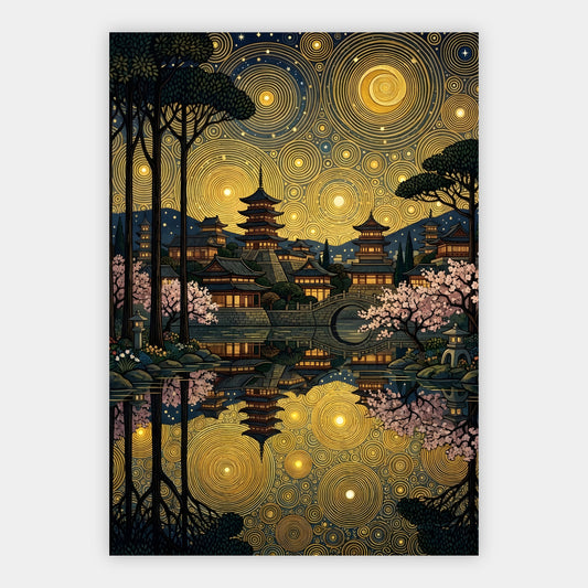 Japanische Pagode mit Kirschblüten unter goldenem Ornament-Nachthimmel