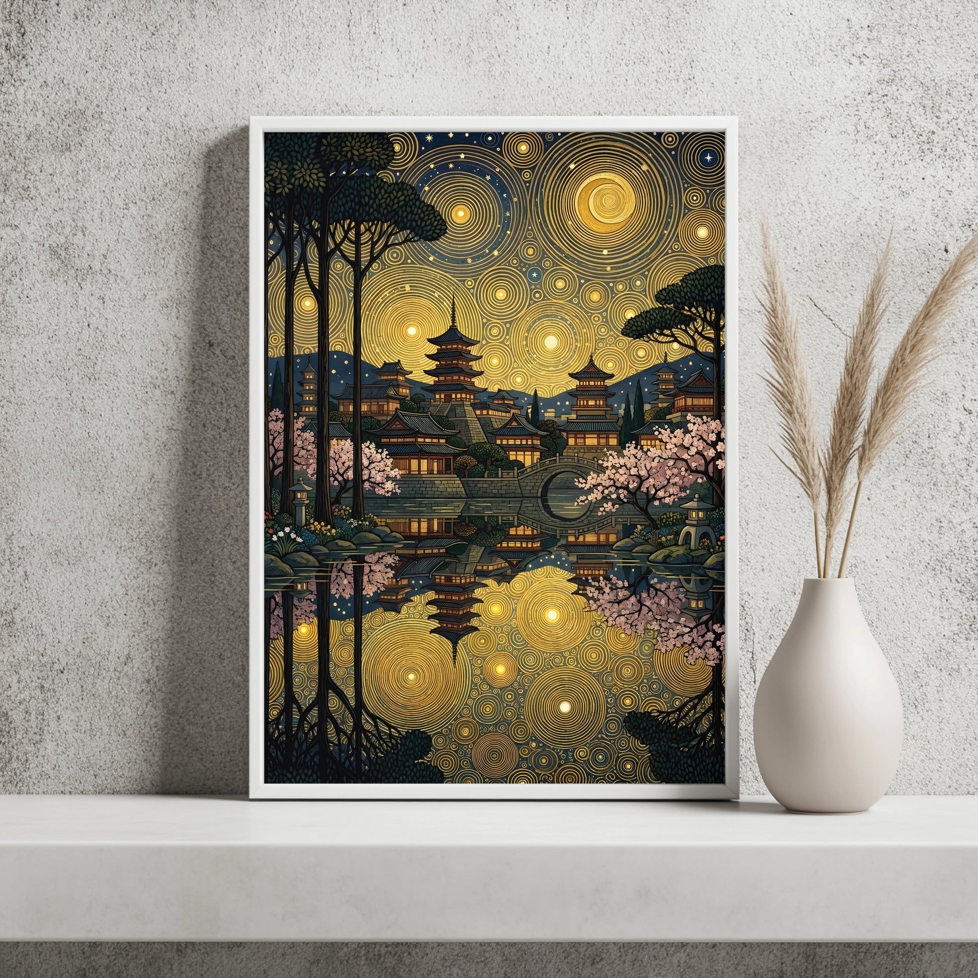 Japanische Pagode mit Kirschblüten unter goldenem Ornament-Nachthimmel
