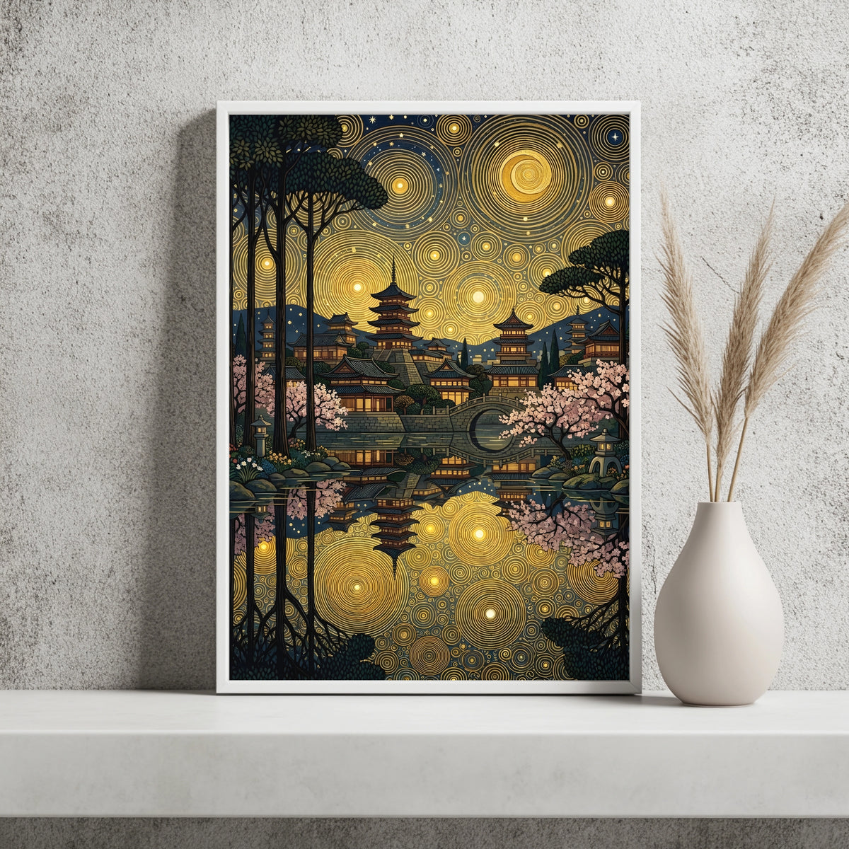 Japanische Pagode mit Kirschblüten unter goldenem Ornament-Nachthimmel
