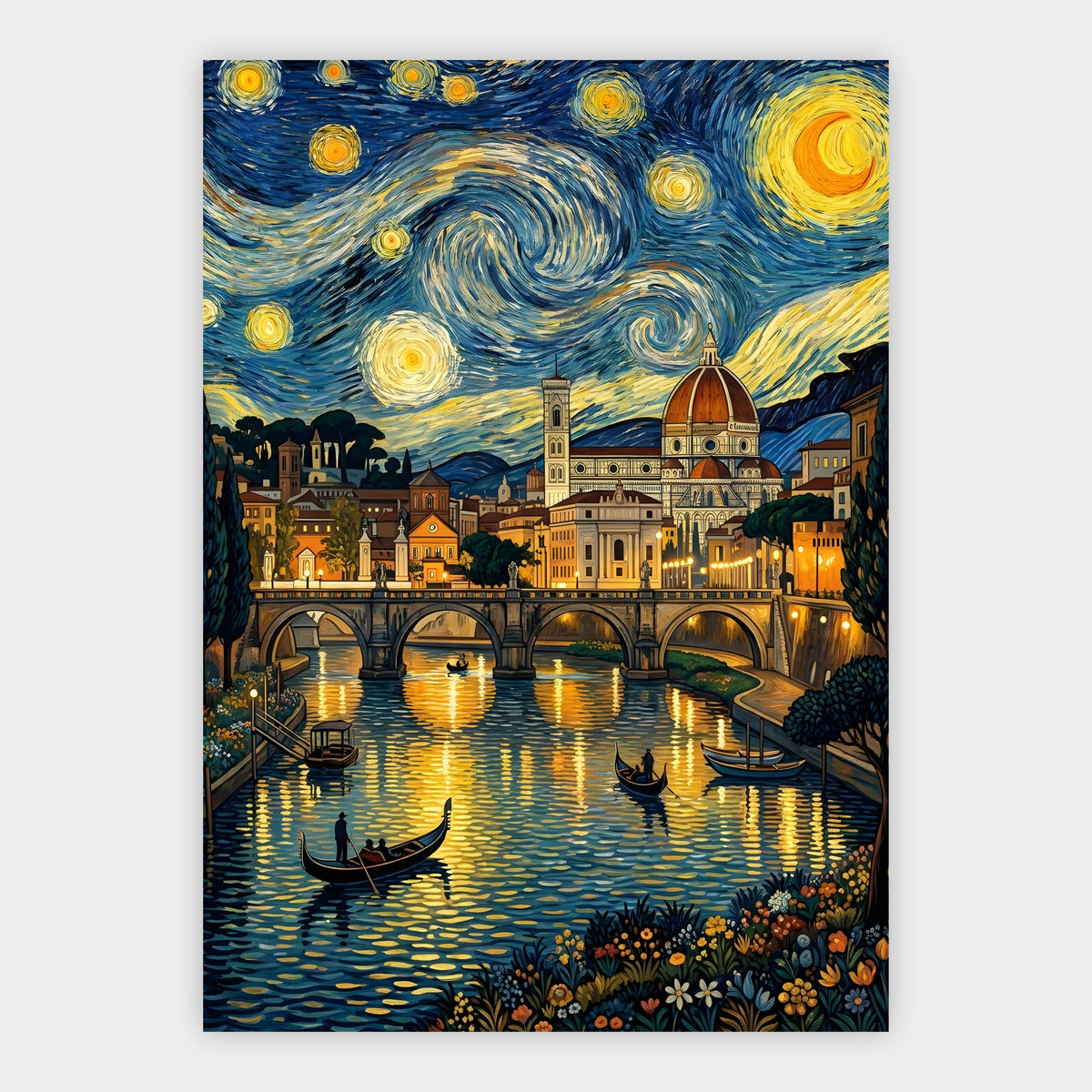 Florenz mit Dom und Gondeln unter wirbelndem Sternenhimmel