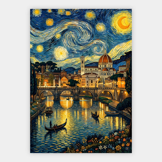 Florenz mit Dom und Gondeln unter wirbelndem Sternenhimmel