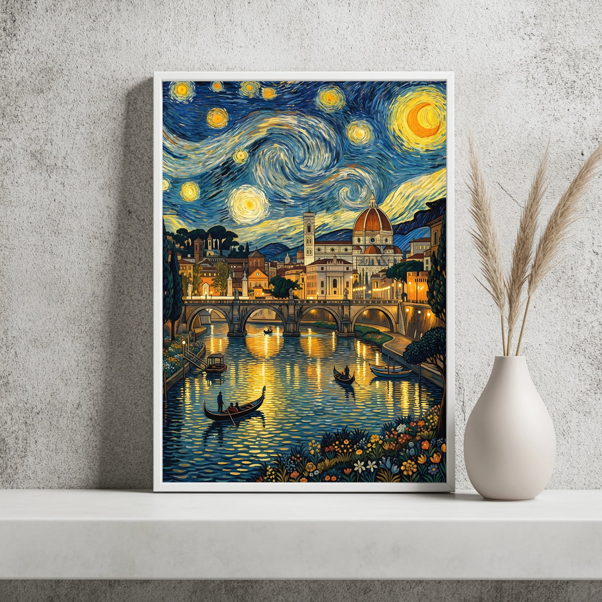 Florenz mit Dom und Gondeln unter wirbelndem Sternenhimmel