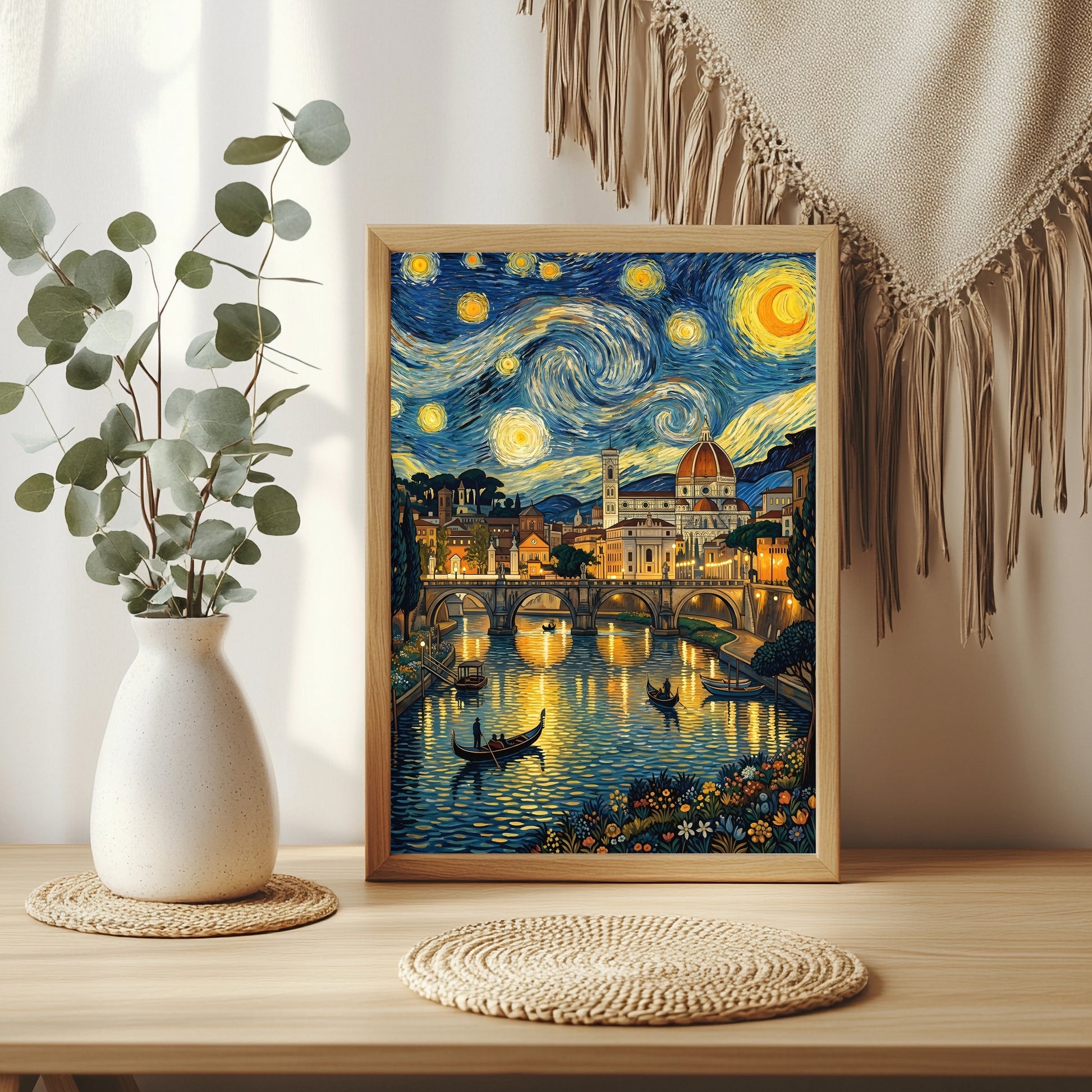 Florenz mit Dom und Gondeln unter wirbelndem Sternenhimmel